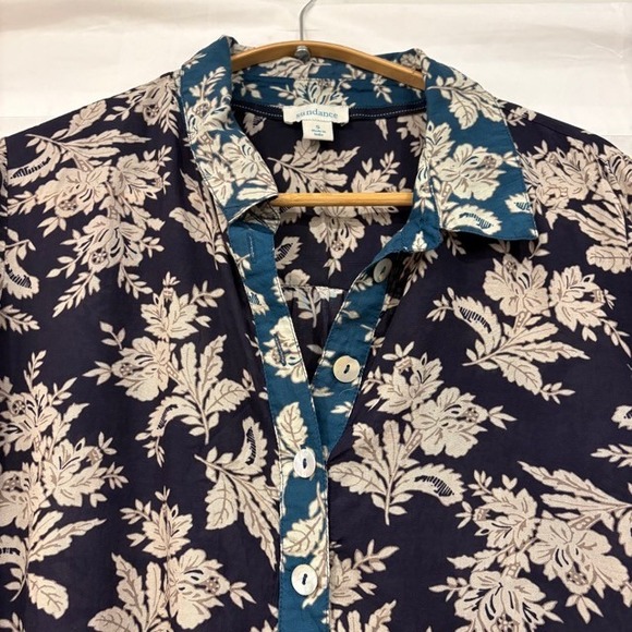 Sundance Floral Print Button Up Shirt Navy Blue Size Small Contrast Trim Boho - Picture 2 of 8